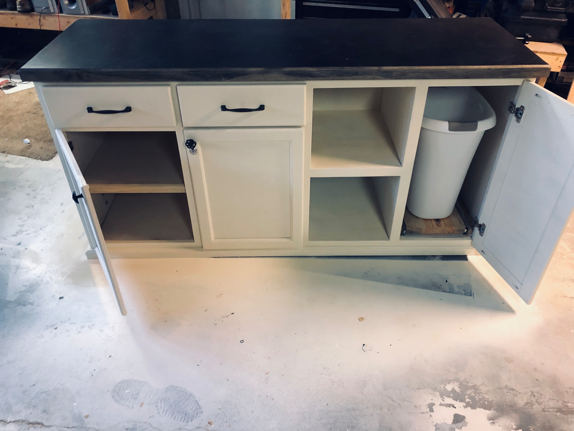 Handmade sideboard cabinet with drawers, shelves and hidden trash bin