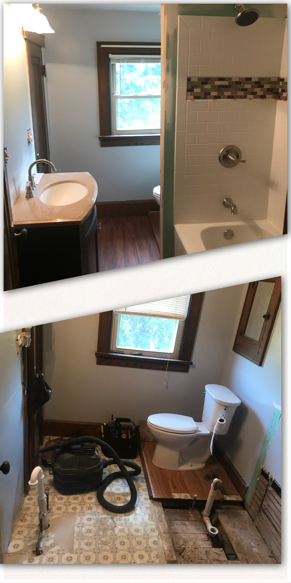 Bathroom remodel showing new tile tub surround and finished vanity