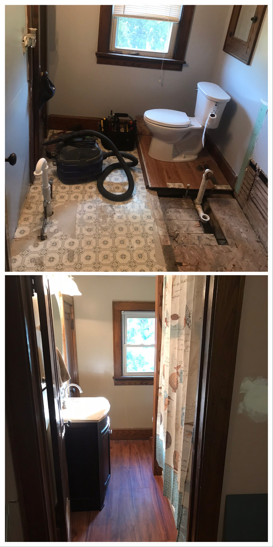Bathroom remodel before and after with new vanity and flooring